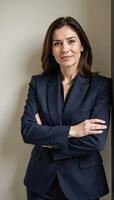 Portrait of a confident businesswoman posed with crossed arms and standing casually against a wall photo