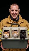 Firefighter joyfully poses with saved felines in pet carrier photo