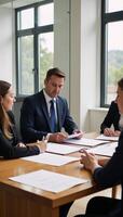 Financial Planner consulting clients in a bright professional office utilizing natural light during document reviews photo