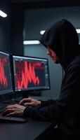 An intriguing hooded figure engrossed in cybersecurity data analysis amidst dynamic red digital visuals photo