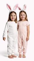 A watercolor portrait featuring an isolated image of a pair of children dressed as bunnies against a white backdrop photo