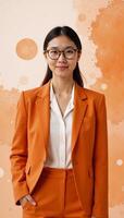 an elegant businesswoman in glasses and a suit rendered in a warm orange palette for a watercolorinspired dreamy background photo