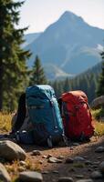 A mountain forest serves as the backdrop for large realistic hiking backpacks with detailed wideangle photography and natural lighting photo