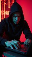 Digital illustration Hacker atop hood against glowing neonred background symbolizing cyber threat and security concern photo