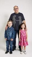 Children and their father gather with a translucent grandfather and the silhouettes of deceased relatives in a poignant depiction of familial connection photo