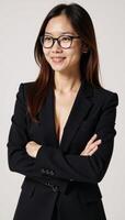 An Asian woman in glasses adopts an intellectual expression under warm lighting framed against a white backdrop photo