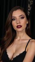 A charming Halloweenthemed portrait showcasing an attractive woman wearing witchy autumn makeup at a sophisticated Halloween event photo