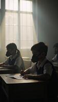 Illustration depicting future air pollution in India with kids at school donning oxygen masks photo