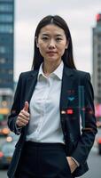 Modern business person with future tech focus doubleexposed within urban landscape Whut photo