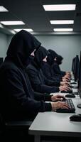 Call Center Scammers Criminals in masks and headsets at work with computers photo
