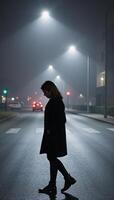 Womans silhouette walking on foggy city streets at night photo