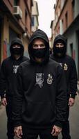 Gangsters with hoodies tattoos and masks embody a menacing mafiainspired lifestyle in a gritty cityscape scene photo