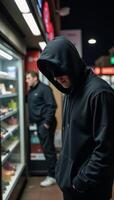 A hooded figure depicted as a retail robber committing urban crime at night photo