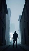 A mysterious figure emerges from a hauntingly beautiful neuralnetwork generated foggy cityscape scene in a misty alleyway during the dead of night photo
