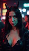 A woman wearing dark clothing and horns stands out amidst a nightclub setting photo