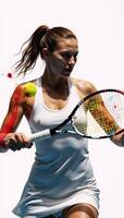 A dynamic abstract portrait of a female tennis player in action against a white backdrop with vibrant color splashes and bold brushstrokes photo