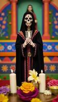 A depiction of La Santa Muerte as a skeletal figure with robed clothing and carrying a scythe or staff commonly associated with Mexican folklore photo
