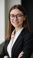 Young professional woman posed confidently within a busy corporate environment photo