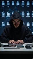 Cybersecuritythemed illustration with a hooded hacker amidst encrypted data firewalls photo