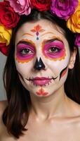Closeup portrait featuring woman adorned with Day of the Dead makeup surrounded by flowers photo