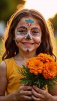 A smiley girl with colorful sugar skull makeup holds orange marigold bouquets in a sunlit setting photo