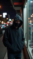 Hooded figure stealing from store during nighttime urban crime scene photo