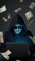 Hooded hacker steals money online through cyber crime and data theft Cyber Fraud Concept photo