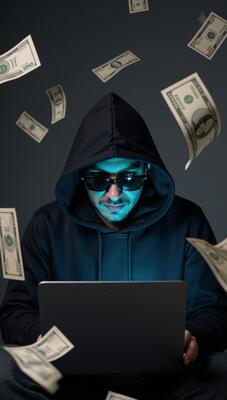 Hooded hacker steals money online through cyber crime and data theft Cyber Fraud Concept