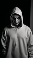 A Halloweenthemed portrait depicts an ominous figure a blackclad hooded man with sinister makeup hinting at his possible identity as a dangerous criminal lurking in the shadows photo