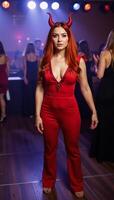 Woman wearing a red outfit with horns in a nightclub scene photo