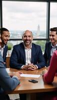 A confident financial advisor assists clients in a modern office setting exuding trust and expertise photo