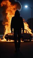 Hooded individual strolling by flaming vehicle under cover of darkness photo