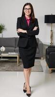 A businesswoman stands confidently in her office smiles professionally while crossing her arms and wearing glasses photo