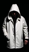 A hooded figure wielding a handgun amidst darkness photo