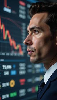 Profile view of mans head surrounded by stock market graphs photo