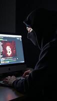 Dark Web Marketplace depicts hooded hacker engaging in Bitcoin transaction signifying secret realm of digital currency cybercrime photo