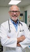 A confident caring elderly doctor beams warmth while dressed professionally in a medical setting photo