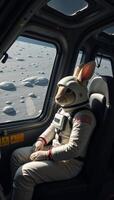 Rabbit piloting spaceship to moon Space travel anthropomorphic rabbit pilot photo
