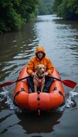 A person and their dog sit aboard an inflatable raft rowing through dark floodwaters during a heavy downpour photo