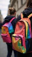 Two rainbow backpacks on a blurred LGBT background no text AR 169 Quality 0 photo
