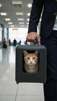 A neuralnetwork rendered image featuring a cat in a box inside an airport with cat motif details photo