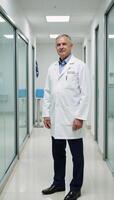 Mature poised physician waiting in a bright professional office space with an air of leadership and preparedness photo