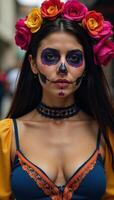 A captivating diverse digital art piece showcasing a sexy woman adorned in Day of the Deadinspired sugar skull makeup and Mexican masks photo