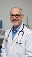 Senior male doctor warmly smiling in white coat confident and caring in medical setting photo