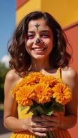 Girl with colorful sugarskull face paint and marigold bouquet smiles in a sunlit setting photo