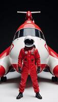 A cartoonish redandwhite spaceship features a smiling astronaut in a red suit photo