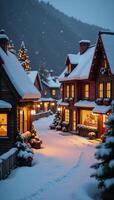 A cozy winter Christmas village illuminated by twinkling lights under gentle snowfall photo