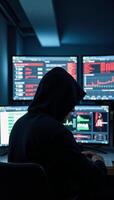 Hooded analyst engrossed in multiscreen data analysis within a cybersecurity environment surrounded by bold red digital elements photo