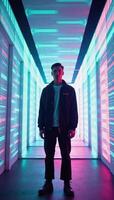 Abstract cyperpunk scene of blue mint pink with distorted motion glitches and vibrant neon tones retrofuturistic webpunk 80s90s rave aesthetics photo