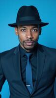 A man donning a black suit hat stands against a blue backdrop photo